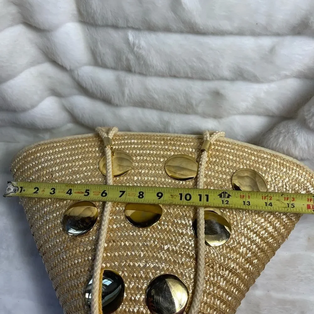 Natural straw bucket style tote bag with rope straps with gold tone acce…